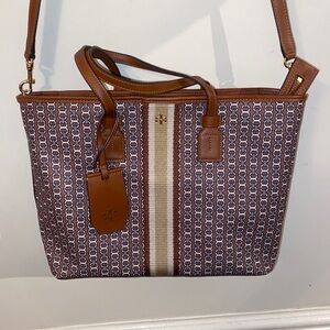 Tory Burch Brown Patterned Canvas Tote with Tan Stripe and Leather Trim